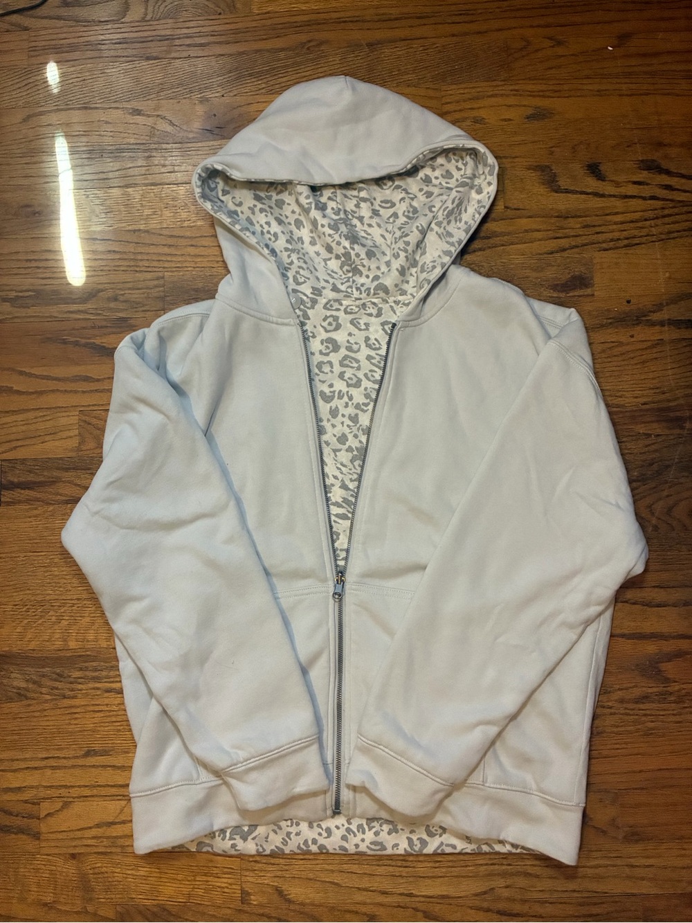 H&M Light Gray Zip Hoodie with Leopard-Print Lining